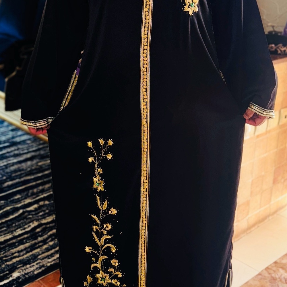Hand made Black Embroidered Moroccan Kaftan with Gold Accents